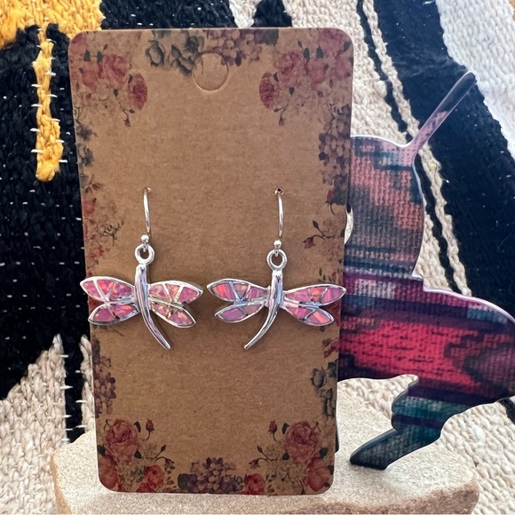 Zuni Style Inlaid Pink Lab Opal 925 Dragonfly Dangle Earrings 11.4Gms 1.10”L - Picture 5 of 11